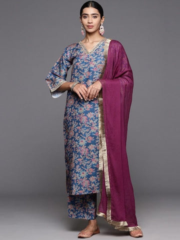Varanga Women Blue Floral Printed Straight Kurta Paired With Tonal Bottom And Contrast Dupatta